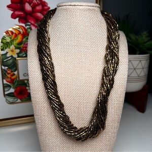 Gold Black Multi-Strand Twisted Beaded Statement Necklace Boho Glam Modern NWOT
